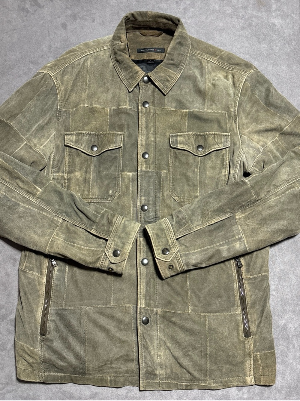 John Varvatos USA Men L Olive Goatskin Suede Leather patchwork Front Jacket Zip